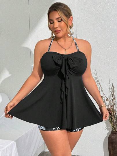 Swim Lushoire مجموعة بكيني قطعتين مطبوع عليها أوراق للنساء ذوات الحجم الكبير، توب قصير فضفاض وشورت، للاستخدام في الشاطئ والمنتجعات