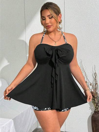 Swim Lushoire مجموعة بكيني قطعتين مطبوع عليها أوراق للنساء ذوات الحجم الكبير، توب قصير فضفاض وشورت، للاستخدام في الشاطئ والمنتجعات