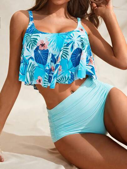 طقم تانكيني حريمي Swim Lushoire طقم بكيني بطباعة استوائي لإطلالة شاطئية