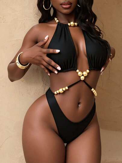 مايوه حريمي قطعة واحدة Slaydiva ملابس سباحة قطعة واحدة للنساء، صلبة باللون الأسود، حاملة، لصيف/ربيع، ذات أربطة وخلف مفتوح مزين بالخرز