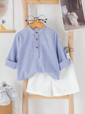 SHEIN 2 قطعة/مجموعة طقم قميص خطوط كاجوال طويل الأكمام وشورت للأطفال الصبية، مناسب للربيع والصيف، مناسب لحفلات عيد الميلاد، حفلات المساء، الأعراس، حفلات استقبال المواليد، عيد الميلاد الأول