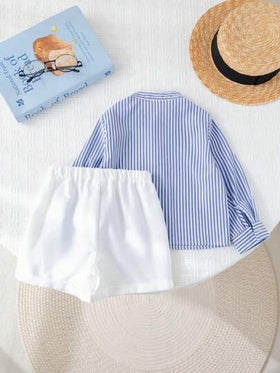 SHEIN 2 قطعة/مجموعة طقم قميص خطوط كاجوال طويل الأكمام وشورت للأطفال الصبية، مناسب للربيع والصيف، مناسب لحفلات عيد الميلاد، حفلات المساء، الأعراس، حفلات استقبال المواليد، عيد الميلاد الأول