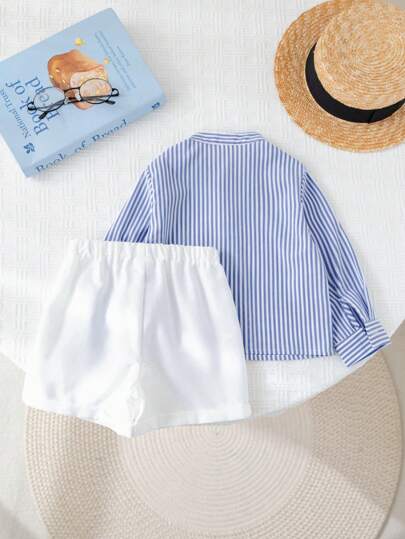 SHEIN 2 قطعة/مجموعة طقم قميص خطوط كاجوال طويل الأكمام وشورت للأطفال الصبية، مناسب للربيع والصيف، مناسب لحفلات عيد الميلاد، حفلات المساء، الأعراس، حفلات استقبال المواليد، عيد الميلاد الأول