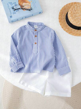 SHEIN 2 قطعة/مجموعة طقم قميص خطوط كاجوال طويل الأكمام وشورت للأطفال الصبية، مناسب للربيع والصيف، مناسب لحفلات عيد الميلاد، حفلات المساء، الأعراس، حفلات استقبال المواليد، عيد الميلاد الأول