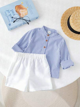 SHEIN 2 قطعة/مجموعة طقم قميص خطوط كاجوال طويل الأكمام وشورت للأطفال الصبية، مناسب للربيع والصيف، مناسب لحفلات عيد الميلاد، حفلات المساء، الأعراس، حفلات استقبال المواليد، عيد الميلاد الأول