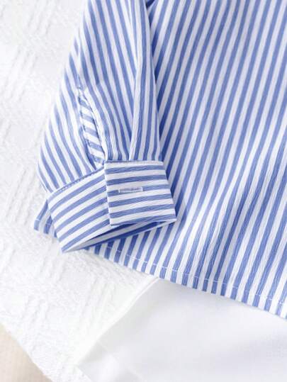 SHEIN 2 قطعة/مجموعة طقم قميص خطوط كاجوال طويل الأكمام وشورت للأطفال الصبية، مناسب للربيع والصيف، مناسب لحفلات عيد الميلاد، حفلات المساء، الأعراس، حفلات استقبال المواليد، عيد الميلاد الأول