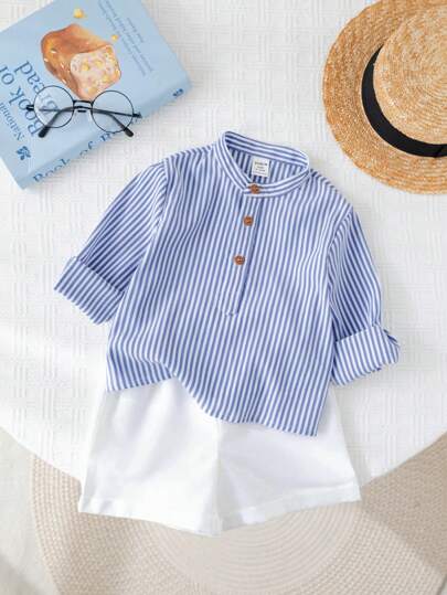 SHEIN 2 قطعة/مجموعة طقم قميص خطوط كاجوال طويل الأكمام وشورت للأطفال الصبية، مناسب للربيع والصيف، مناسب لحفلات عيد الميلاد، حفلات المساء، الأعراس، حفلات استقبال المواليد، عيد الميلاد الأول