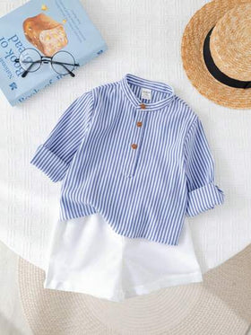 SHEIN 2 قطعة/مجموعة طقم قميص خطوط كاجوال طويل الأكمام وشورت للأطفال الصبية، مناسب للربيع والصيف، مناسب لحفلات عيد الميلاد، حفلات المساء، الأعراس، حفلات استقبال المواليد، عيد الميلاد الأول