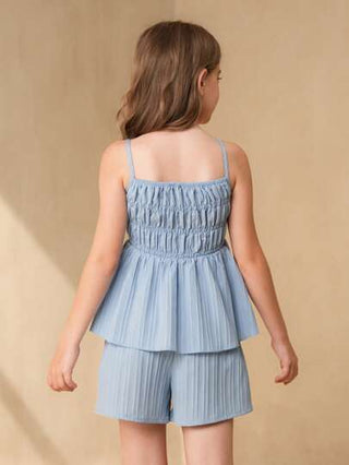 girls-sets 2 مجموعة من الأعلى البرازيلي والشورت الفضفاض للفتيات المراهقات، الأعلى بنقشة زرقاء ذات حافة ذات كشكشة