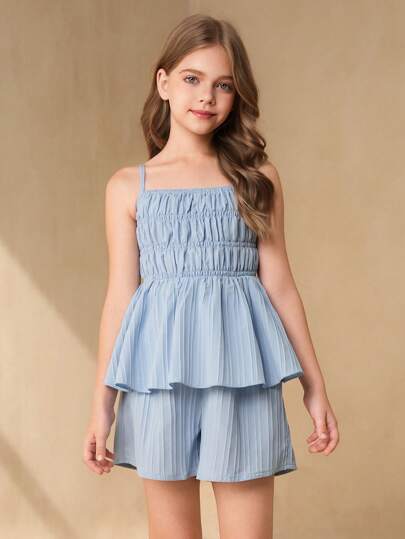 girls-sets 2 مجموعة من الأعلى البرازيلي والشورت الفضفاض للفتيات المراهقات، الأعلى بنقشة زرقاء ذات حافة ذات كشكشة