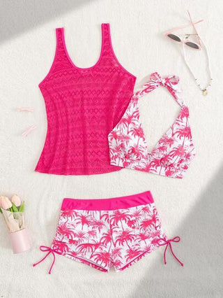 طقم تانكيني حريمي Swim Lushoire مجموعة ملابس شاطئ - توب بكِشافة عميقة ذو طباعة أشجار جوز الهند النضجة، وغطاء شفاف مُرصَّع بالكروشيه، مجموعة ملابس سباحة مكونة من 3 قطع لعطل، رأس السنة الجديدة