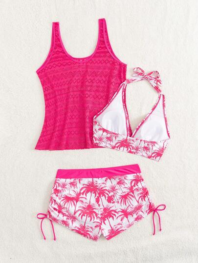 طقم تانكيني حريمي Swim Lushoire مجموعة ملابس شاطئ - توب بكِشافة عميقة ذو طباعة أشجار جوز الهند النضجة، وغطاء شفاف مُرصَّع بالكروشيه، مجموعة ملابس سباحة مكونة من 3 قطع لعطل، رأس السنة الجديدة