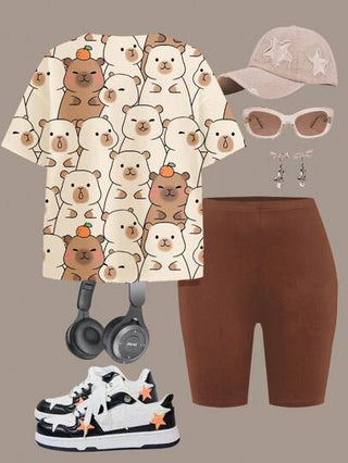 girls-sets مجموعة من قميص كم قصير بياقة طاقم وشورت مرتخي، للفتيات المراهقات، بتصميم كابيبارا كيوت، بالألوان الحجرية، مناسبة للصيف