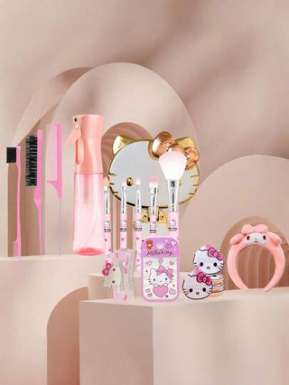 Sanrio 1 قطعة / 9 قطع / 12 قطعة / 28 قطعة مجموعة فرش مكياج سانريو هالو كيتي الوردية الأنثوية ، كرة بودرة ، مرآة مزدوجة قابلة للطي، مرآة يدوية، فرشاة مكياج، شريط غسل الوجه، مشبك شعر، مشط وسادة الهواء صغير