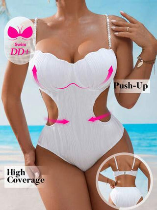 مايوه حريمي قطعة واحدة Swim DD+ 1 قطعة من ملابس السباحة النسائية ذات قصة قطع مع حزام ذو سلاسل اللؤلؤ موضة صيفية ، نقش معدني مقاس كبير DD+ قطع بظهر مكشوف قطعة واحدة