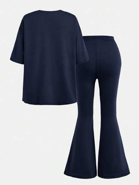 SHEIN Girlism طقم قميص كاجوال بأكمام قصيرة فضفاضة مطبوع عليه حرف وبنطلون واسع للفتيات المراهقات، قطعتان