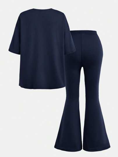 SHEIN Girlism طقم قميص كاجوال بأكمام قصيرة فضفاضة مطبوع عليه حرف وبنطلون واسع للفتيات المراهقات، قطعتان