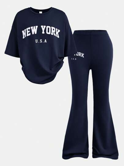 SHEIN Girlism طقم قميص كاجوال بأكمام قصيرة فضفاضة مطبوع عليه حرف وبنطلون واسع للفتيات المراهقات، قطعتان