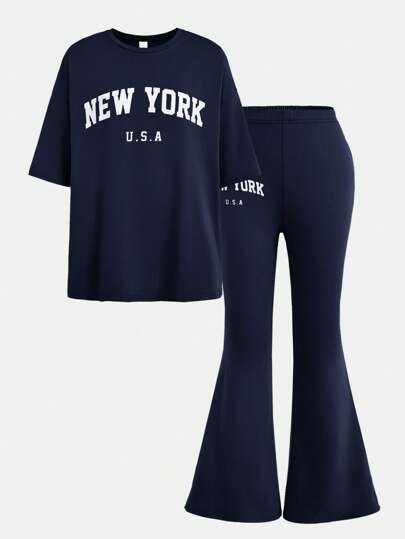 SHEIN Girlism طقم قميص كاجوال بأكمام قصيرة فضفاضة مطبوع عليه حرف وبنطلون واسع للفتيات المراهقات، قطعتان