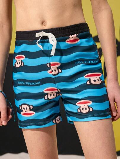 مايوه أولادي Paul Frank X  أشرطة ملونة وطباعة كرتونية على السراويل القصيرة للسباحة للأولاد في سن المراهقة