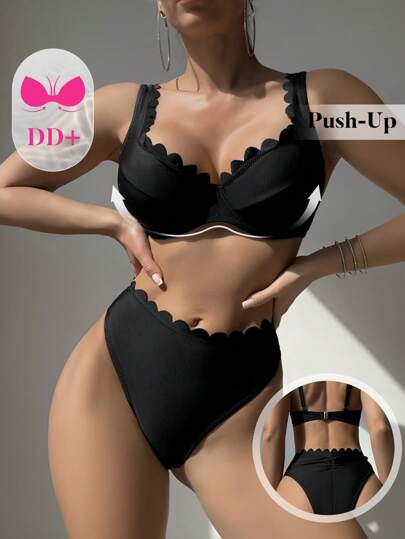 طقم تانكيني حريمي Swim DD+ طقم سباحة تانكيني للنساء مع كأس مبطن ولحاف عريض قابل للتعديل ولون قوي بخطوط متناسقة غير متماثلة ٢ قطعة