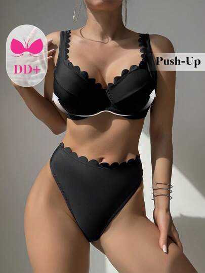 طقم تانكيني حريمي Swim DD+ طقم سباحة تانكيني للنساء مع كأس مبطن ولحاف عريض قابل للتعديل ولون قوي بخطوط متناسقة غير متماثلة ٢ قطعة