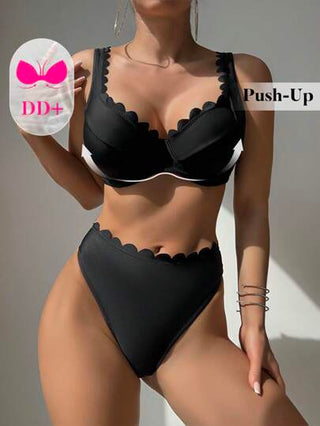 طقم تانكيني حريمي Swim DD+ طقم سباحة تانكيني للنساء مع كأس مبطن ولحاف عريض قابل للتعديل ولون قوي بخطوط متناسقة غير متماثلة ٢ قطعة