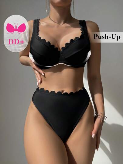 طقم تانكيني حريمي Swim DD+ طقم سباحة تانكيني للنساء مع كأس مبطن ولحاف عريض قابل للتعديل ولون قوي بخطوط متناسقة غير متماثلة ٢ قطعة