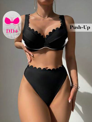طقم تانكيني حريمي Swim DD+ طقم سباحة تانكيني للنساء مع كأس مبطن ولحاف عريض قابل للتعديل ولون قوي بخطوط متناسقة غير متماثلة ٢ قطعة