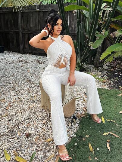 SHEIN SXY جمبسوت نسائية بتطريز منسوج مع تريم شرابة، للعطلات، ملابس صيفية نسائية، ملابس حفلة بيضاء كاملة