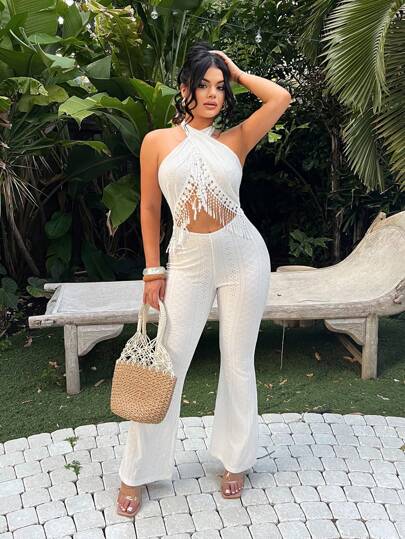 SHEIN SXY جمبسوت نسائية بتطريز منسوج مع تريم شرابة، للعطلات، ملابس صيفية نسائية، ملابس حفلة بيضاء كاملة