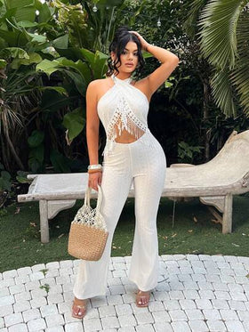 SHEIN SXY جمبسوت نسائية بتطريز منسوج مع تريم شرابة، للعطلات، ملابس صيفية نسائية، ملابس حفلة بيضاء كاملة
