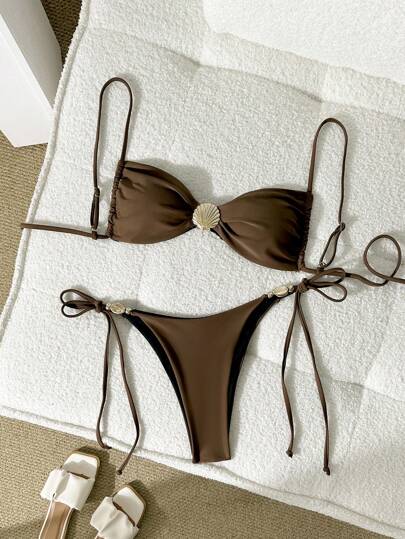 طقم تانكيني حريمي Swim Chiccia طقم ملابس سباحة للنساء يتكون من ملابس علوية تانك توب بحمالات رفيعة ذات لون واحد وشورت سباحة بشريط جانبي مربوط للصيف