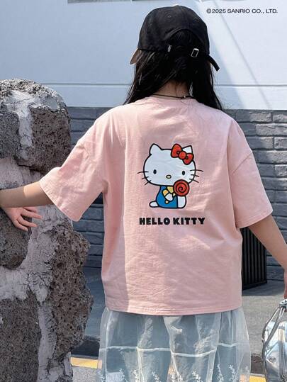 تيشيرتات بناتي DAZY HELLO KITTY | DAZY تي شيرت رقبة دائرية قصير الأكمام مطبوع بالتعاون للبنات المراهقات ، ربيع/صيف