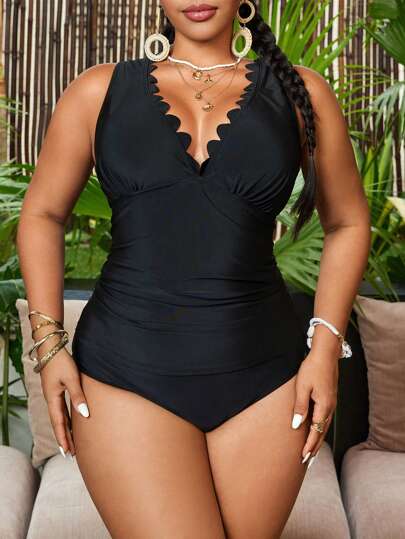 Swim Lushoire حfit زائد للنساء بملابس سباحة قطعتين، علامة تجارية مزخرفة بزخارف زهرية والدانتيل، ملابس علوية مجعد من الجوانب، ظهر خلفي فارغ وأشرطة قابلة للتعديل، سفلي بشكل مثلث عالي الخصر، ملابس شاطئ عصرية وعملية