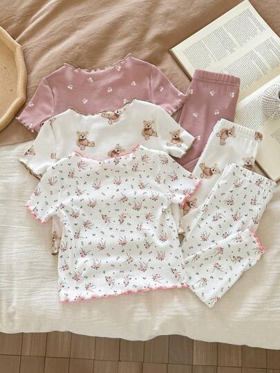 SHEIN LMoss Kids طقم بيجاما للأطفال البنات 6 قطع، مطبوع برسوم الدبي الكارتوني الجميل والزهور، تصميم قصير الأكمام وبنطال مع كشكشة، قطن مريح ومحبك للاستخدام اليومي