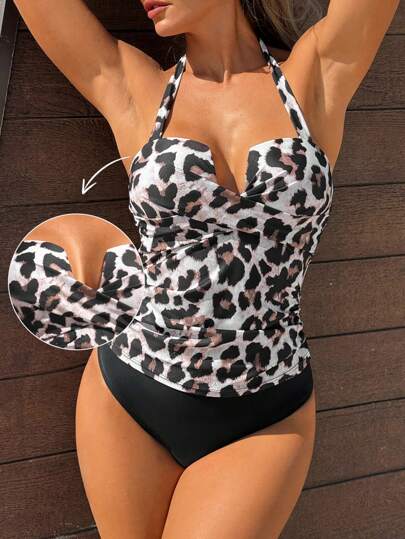 طقم تانكيني حريمي Swim Lushoire طقم بكيني منقوش بنمر مع صدرية مرفوعة مبطنة وسروال ارتفاع الخصر للسيدات، أنيق وجذاب للاستخدام اليومي، مناسب للربيع والصيف والإجازات والشاطئ والحفلات