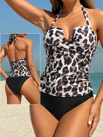 طقم تانكيني حريمي Swim Lushoire طقم بكيني منقوش بنمر مع صدرية مرفوعة مبطنة وسروال ارتفاع الخصر للسيدات، أنيق وجذاب للاستخدام اليومي، مناسب للربيع والصيف والإجازات والشاطئ والحفلات