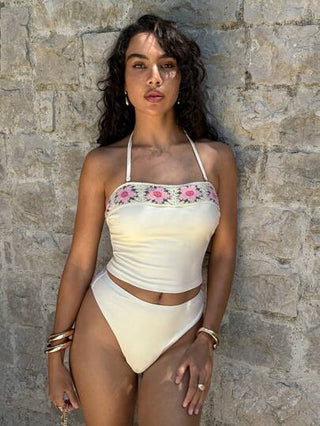 طقم تانكيني حريمي Swim Lushoire 2 قطعة توب كامسول مزخرف بشكل زهري من الدانتيل البيج ومجموعة بكيني ، جميل وأنيق للربيع والصيف، للعطلات والحفلات الشاطئية