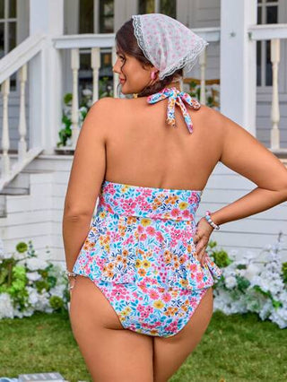 Swim Mod بدلة سباحة مكونة من قطعتين من الأزهار مع شورت سباحة بياقة على شكل حرف V و بلا أكمام للمقاسات الكبيرة