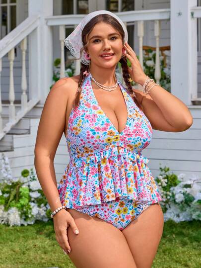 Swim Mod بدلة سباحة مكونة من قطعتين من الأزهار مع شورت سباحة بياقة على شكل حرف V و بلا أكمام للمقاسات الكبيرة