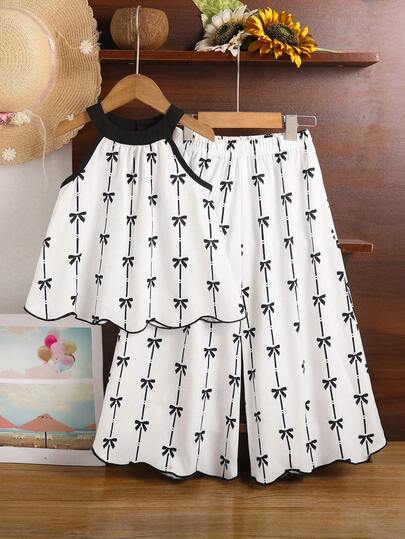 مجموعة ملابس علوية كشكش بطبعة زهور وبنطال واسع للساق قطعتين للفتيات الشابات، اطلالة أنيقة وعصرية على الطراز الفرنسي، مناسبة للأعياد والمناسبات