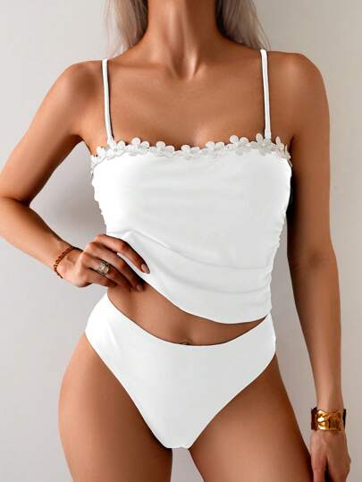 طقم تانكيني حريمي Swim Basics طقم بيكيني ملائم للنساء لعطلة الربيع الجديدة، أنيق وبسيط باللون الأسود ، زينة أشرطة مطوية، ملابس سباحة جديدة
