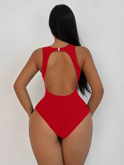 مايوه حريمي قطعة واحدة Swim SXY بذلة سباحة نسائية ذات لون أحادي أنيقة، كشكشة خلفية مفتوحة