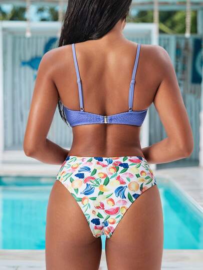Swim Vcay طقم بكيني للنساء مطبوع بنقش الفاكهة والأزهار، بلوزة قصيرة، طقم بكيني بمظهر أساسي، بكيني جذاب للنساء لأيام الشاطئ والعطلات