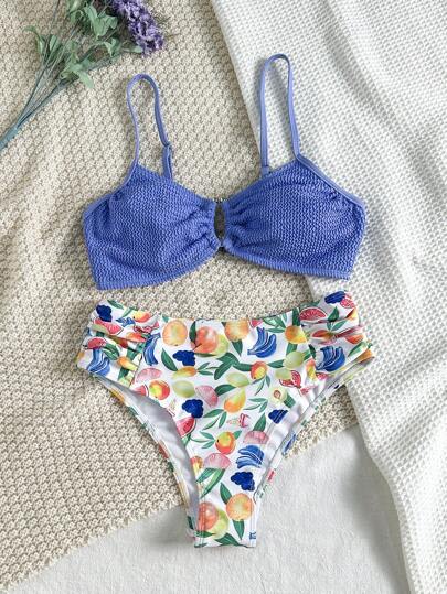 Swim Vcay طقم بكيني للنساء مطبوع بنقش الفاكهة والأزهار، بلوزة قصيرة، طقم بكيني بمظهر أساسي، بكيني جذاب للنساء لأيام الشاطئ والعطلات