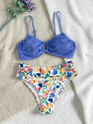 Swim Vcay طقم بكيني للنساء مطبوع بنقش الفاكهة والأزهار، بلوزة قصيرة، طقم بكيني بمظهر أساسي، بكيني جذاب للنساء لأيام الشاطئ والعطلات