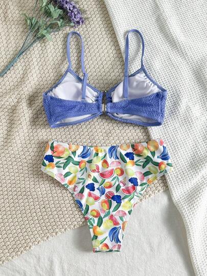 Swim Vcay طقم بكيني للنساء مطبوع بنقش الفاكهة والأزهار، بلوزة قصيرة، طقم بكيني بمظهر أساسي، بكيني جذاب للنساء لأيام الشاطئ والعطلات
