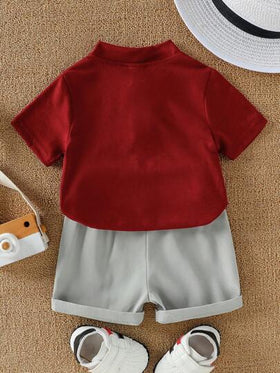 SHEIN Playful Pals 2 قطعة مجموعة ملابس صبي رضيع مكونة من تي شيرت أكمام قصيرة ياقة عالية وبنطلون لون مباين مناسبة للصيف