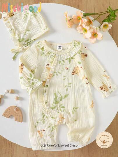 SHEIN طقم سروال رومبر طويل الأكمام فضفاض مزخرف بطبعات زهور لحديثي الولادة من البنات مع قبعة, ملابس كاجوال مريحة باللون المشمشي